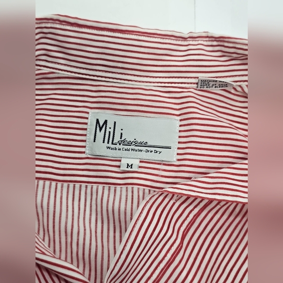 Mi Red and White Striped Women's Button Down Shirt - Picture 3 of 7